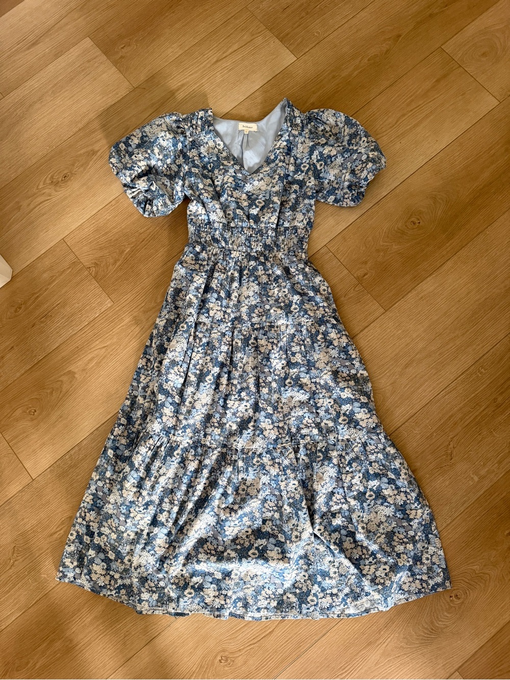bohme Blue Floral Maxi Dress with Puff Sleeves